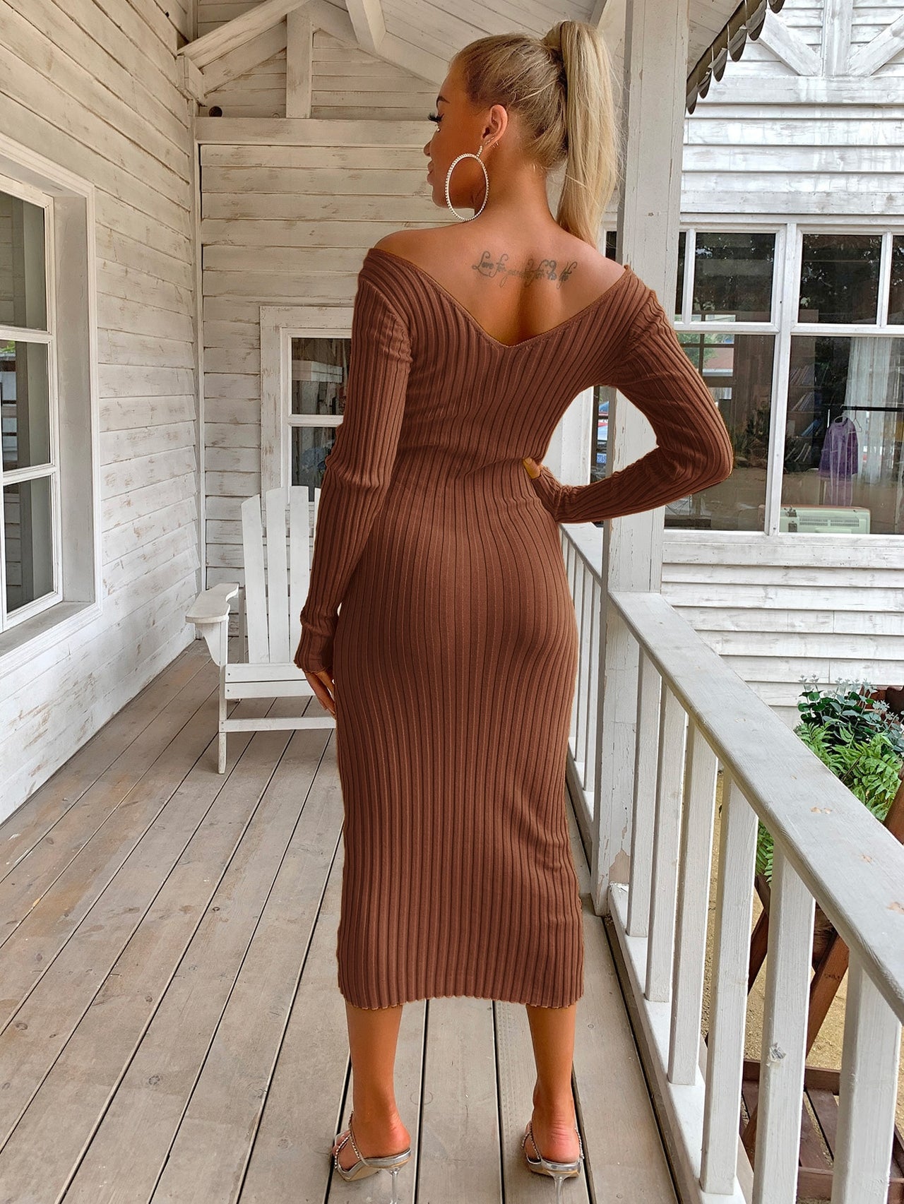 Ribbed V-Neck Midi Sweater Dress