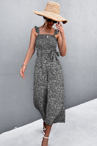 Thumbnail for Printed Ruffle Strap Smocked Belted Jumpsuit