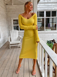 Thumbnail for Ribbed V-Neck Midi Sweater Dress