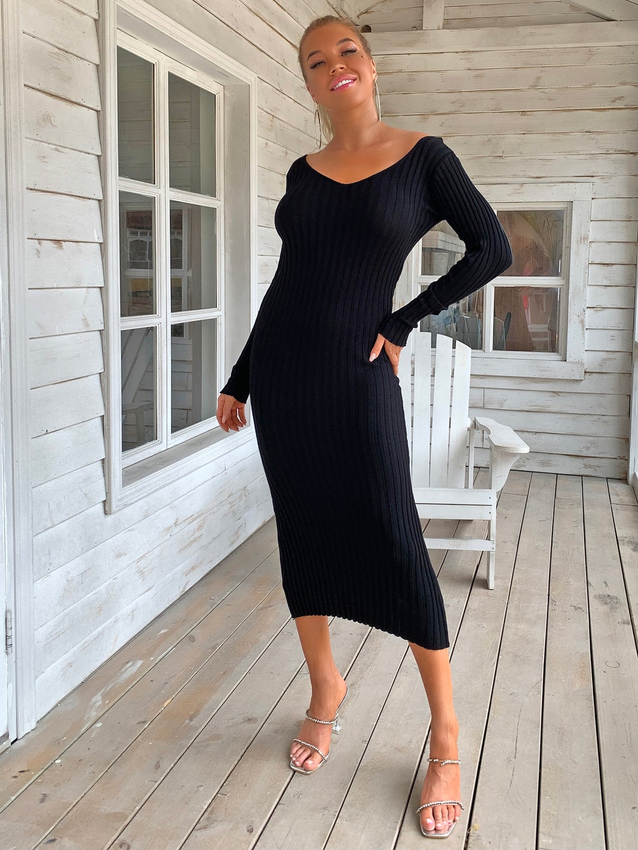 Ribbed V-Neck Midi Sweater Dress