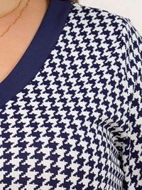 Thumbnail for Plus Size Houndstooth V-Neck Long Sleeve Blouse