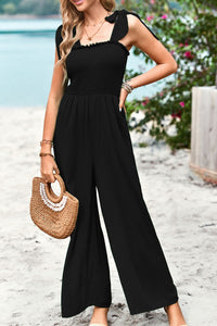 Thumbnail for Frill Trim Tie Shoulder Wide Leg Jumpsuit with Pockets