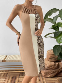 Thumbnail for Leopard Color Block Cutout Sleeveless Knee-Length Dress