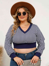 Thumbnail for Plus Size Houndstooth V-Neck Long Sleeve Blouse