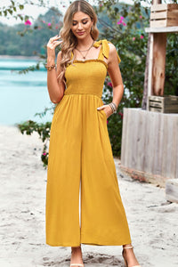 Thumbnail for Frill Trim Tie Shoulder Wide Leg Jumpsuit with Pockets