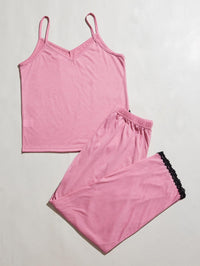 Thumbnail for V-Neck Lace Trim Slit Cami and Pants Pajama Set