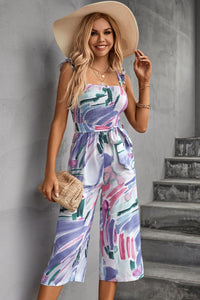 Thumbnail for Printed Ruffle Strap Smocked Belted Jumpsuit