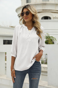 Thumbnail for Swiss Dot Notched Neck Three-Quarter Sleeve Blouse