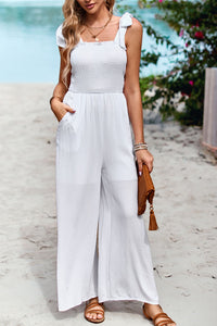 Thumbnail for Frill Trim Tie Shoulder Wide Leg Jumpsuit with Pockets