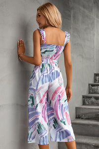 Thumbnail for Printed Ruffle Strap Smocked Belted Jumpsuit