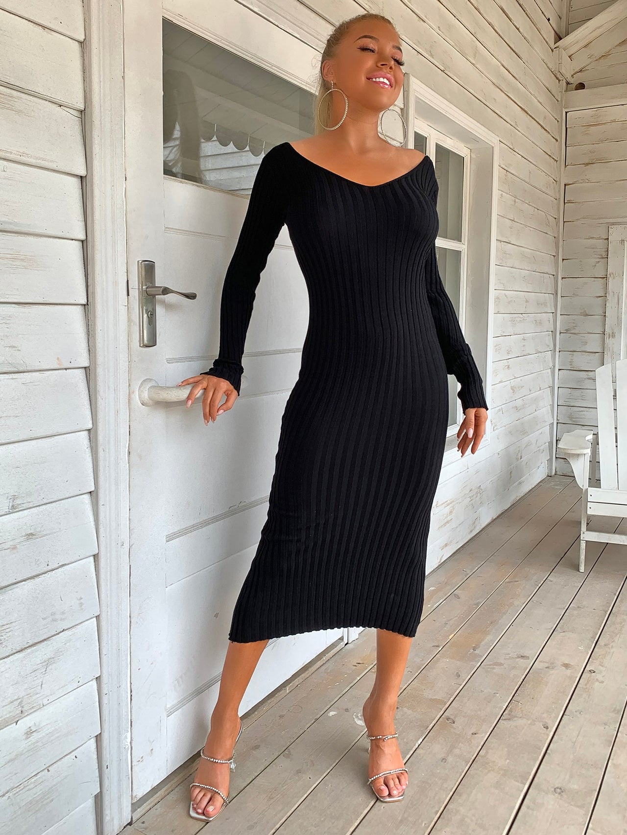 Ribbed V-Neck Midi Sweater Dress