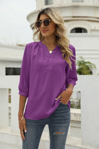 Thumbnail for Swiss Dot Notched Neck Three-Quarter Sleeve Blouse