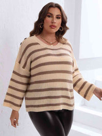 Thumbnail for Plus Size Striped Dropped Shoulder Sweater