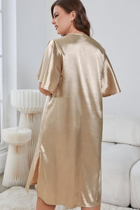 Thumbnail for Plus Size Flutter Sleeve V-Neck Side Slit Night Gown