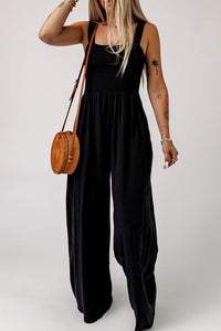 Thumbnail for Smocked Square Neck Wide Leg Jumpsuit with Pockets