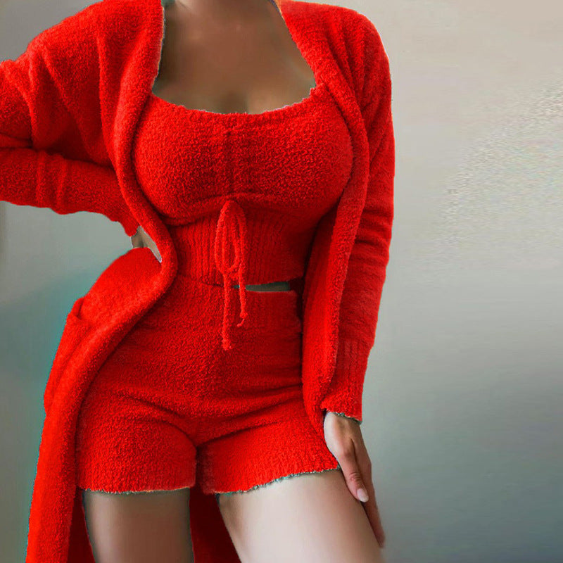 Plush Open Front Cardigan+Cami and Shorts Lounge Set