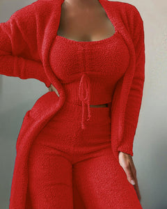 Plush Open Front Cardigan+ Cami and Pants Lounge Set