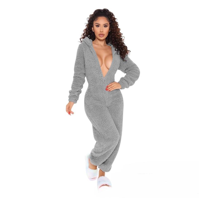 Full Size Plush Hooded Casual Jumpsuit Loungewear