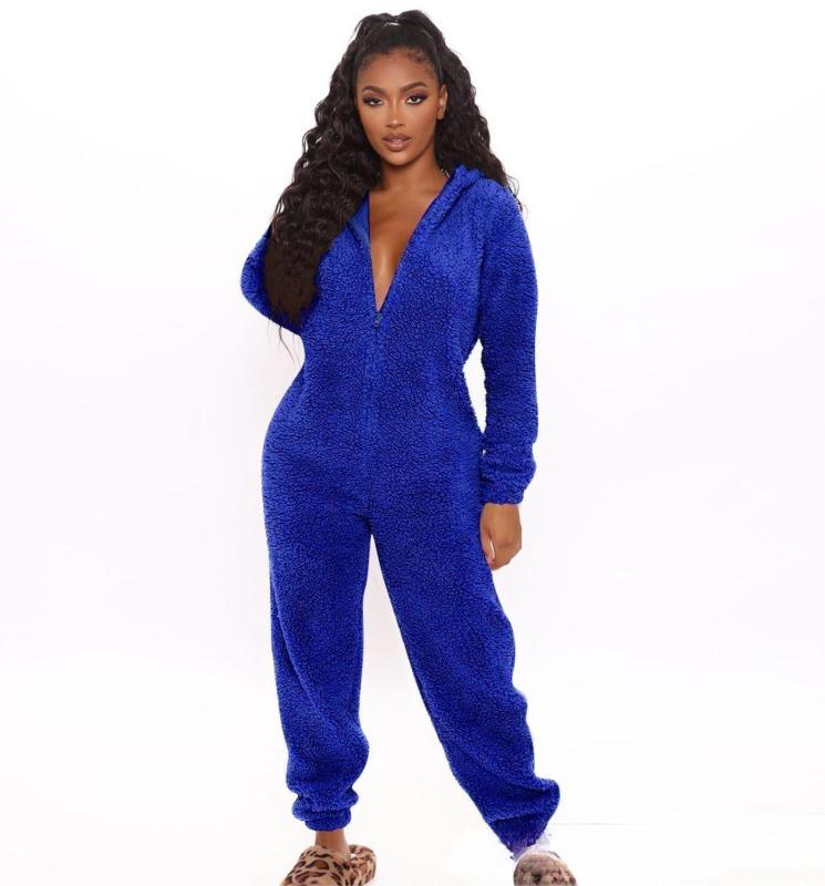 Full Size Plush Hooded Casual Jumpsuit Loungewear