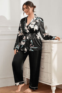 Thumbnail for Plus Size Floral Belted Robe and Pants Pajama Set