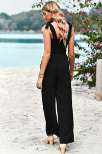 Thumbnail for Frill Trim Tie Shoulder Wide Leg Jumpsuit with Pockets