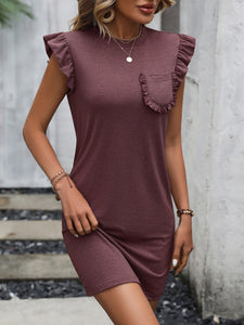 Round Neck Butterfly Sleeve Dress with Pocket