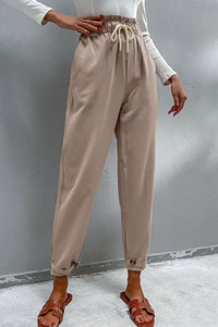 Thumbnail for Drawstring Paperbag Waist Button Detail Pants