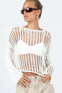 Thumbnail for Openwork Boat Neck Long Sleeve Cover Up