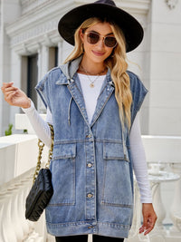 Thumbnail for Hooded Sleeveless Denim Top with Pockets