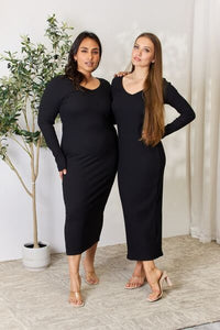 Thumbnail for Culture Code Full Size Ribbed Long Sleeve Midi Slit Dress