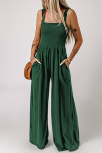 Thumbnail for Smocked Square Neck Wide Leg Jumpsuit with Pockets