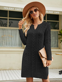 Thumbnail for Notched Neck Cable-Knit Slit Sweater Dress