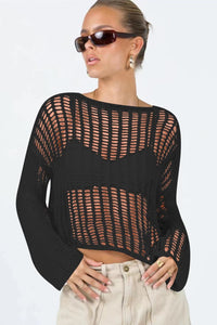 Thumbnail for Openwork Boat Neck Long Sleeve Cover Up