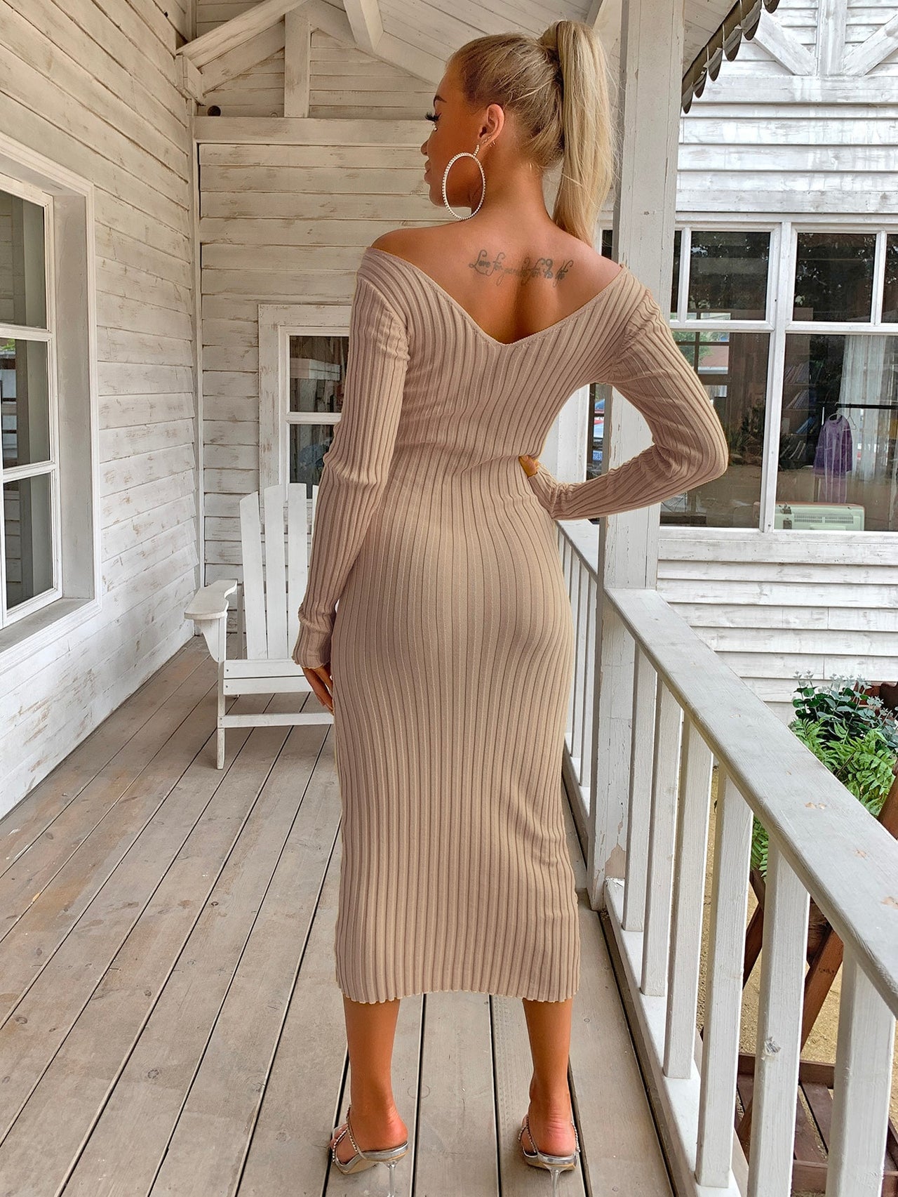 Ribbed V-Neck Midi Sweater Dress