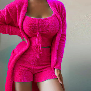Plush Open Front Cardigan+Cami and Shorts Lounge Set