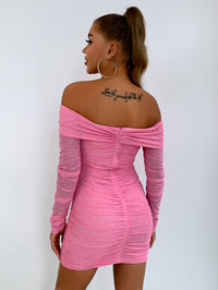 Thumbnail for Glitter Ruched Off-Shoulder Long Sleeve Bodycon Dress