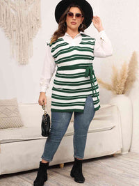 Thumbnail for Plus Size Striped Colared Neck Tied Front Sweater Vest
