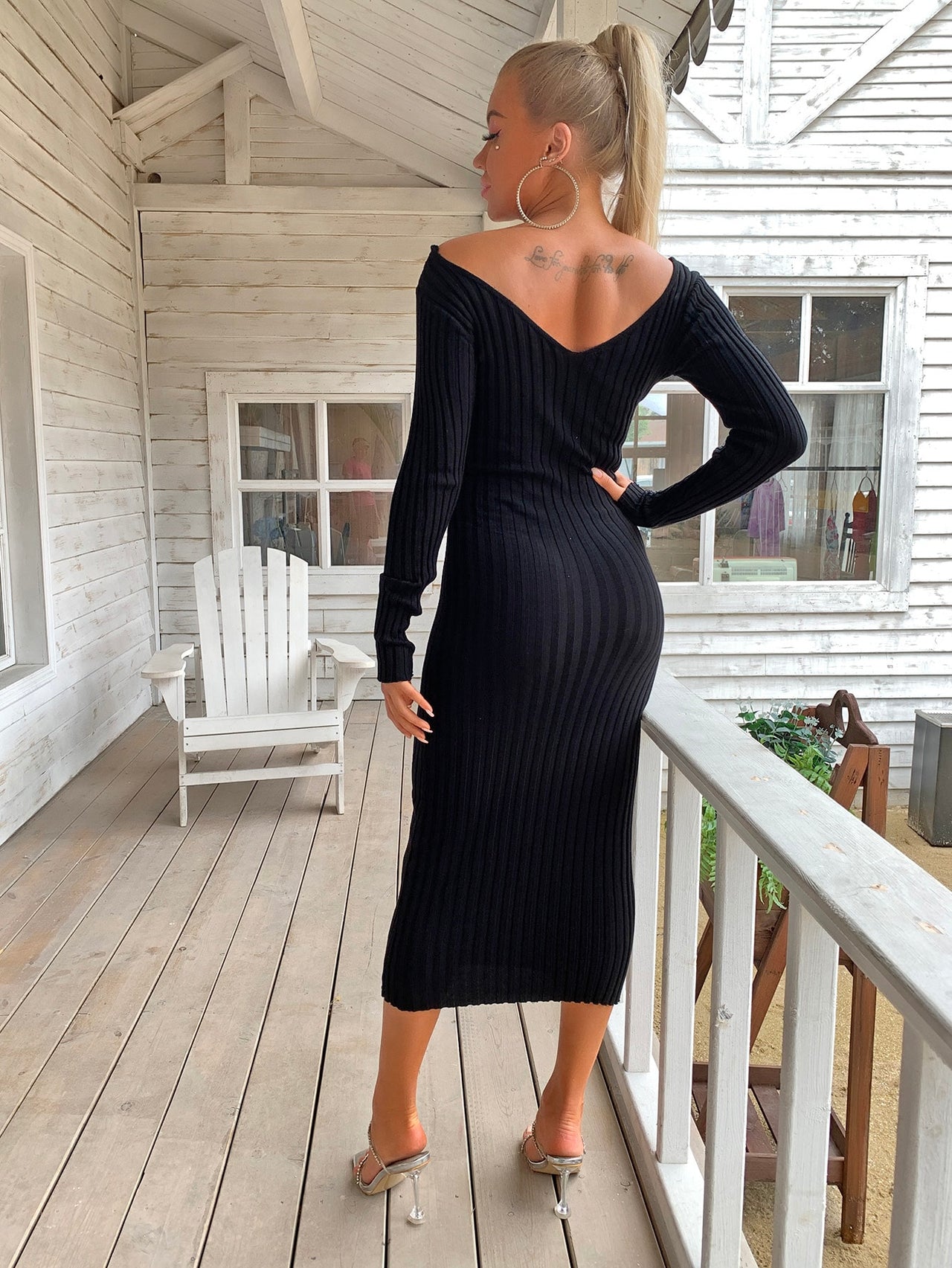 Ribbed V-Neck Midi Sweater Dress