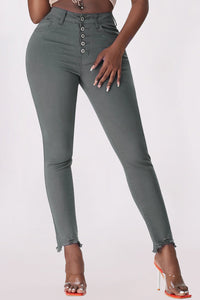 Thumbnail for Button Fly Hem Detail Skinny Jeans