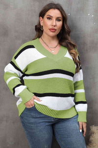 Thumbnail for Plus Size Striped V-Neck Dropped Shoulder Sweater