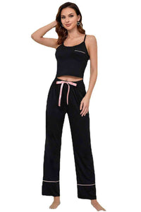 Thumbnail for Contrast Trim Cropped Cami and Pants Loungewear Set