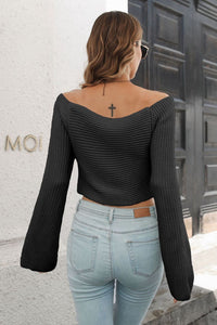 Thumbnail for Cropped V-Neck Flare Sleeve Knit Top