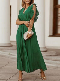 Thumbnail for Tied Surplice Cap Sleeve Pleated Dress
