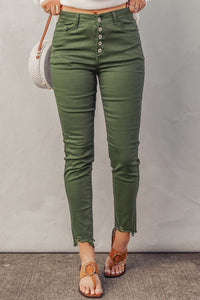 Thumbnail for Button Fly Hem Detail Skinny Jeans