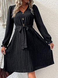 Thumbnail for Decorative Button Belted Puff Sleeve Pleated Dress