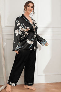 Thumbnail for Plus Size Floral Belted Robe and Pants Pajama Set