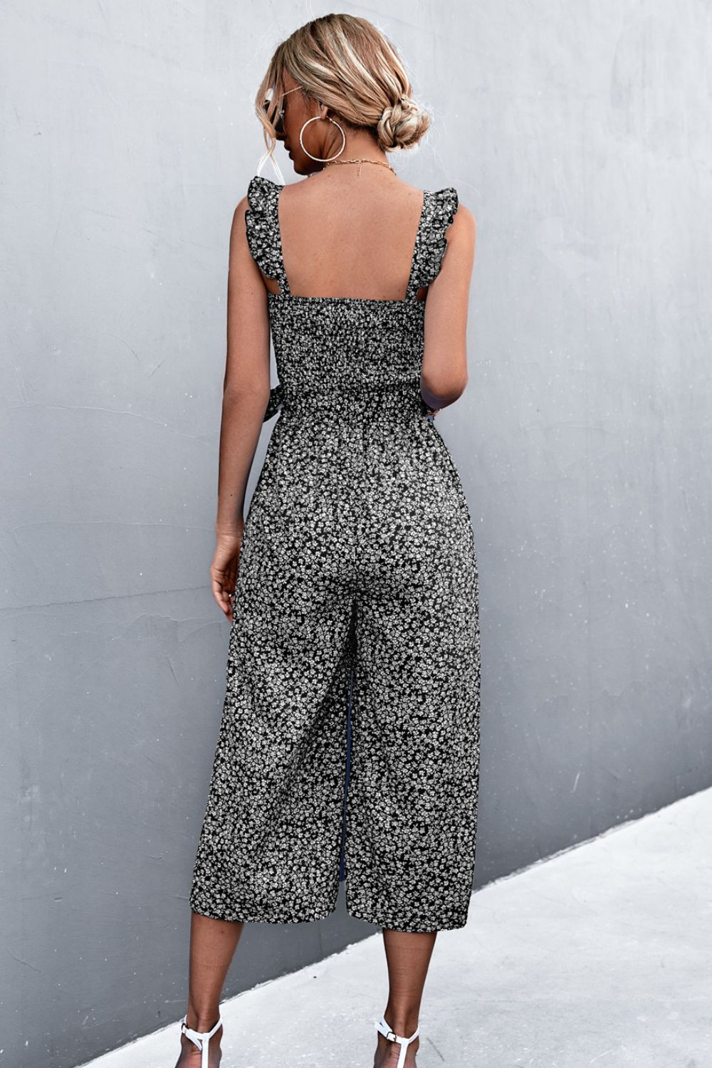 Printed Ruffle Strap Smocked Belted Jumpsuit