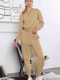 Thumbnail for Round Neck Long Sleeve Cropped Top and Pants Set