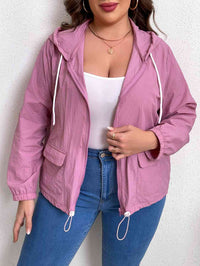 Thumbnail for Plus Size Zip-Up Drawstring Hooded Jacket with Pockets