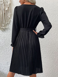 Thumbnail for Decorative Button Belted Puff Sleeve Pleated Dress